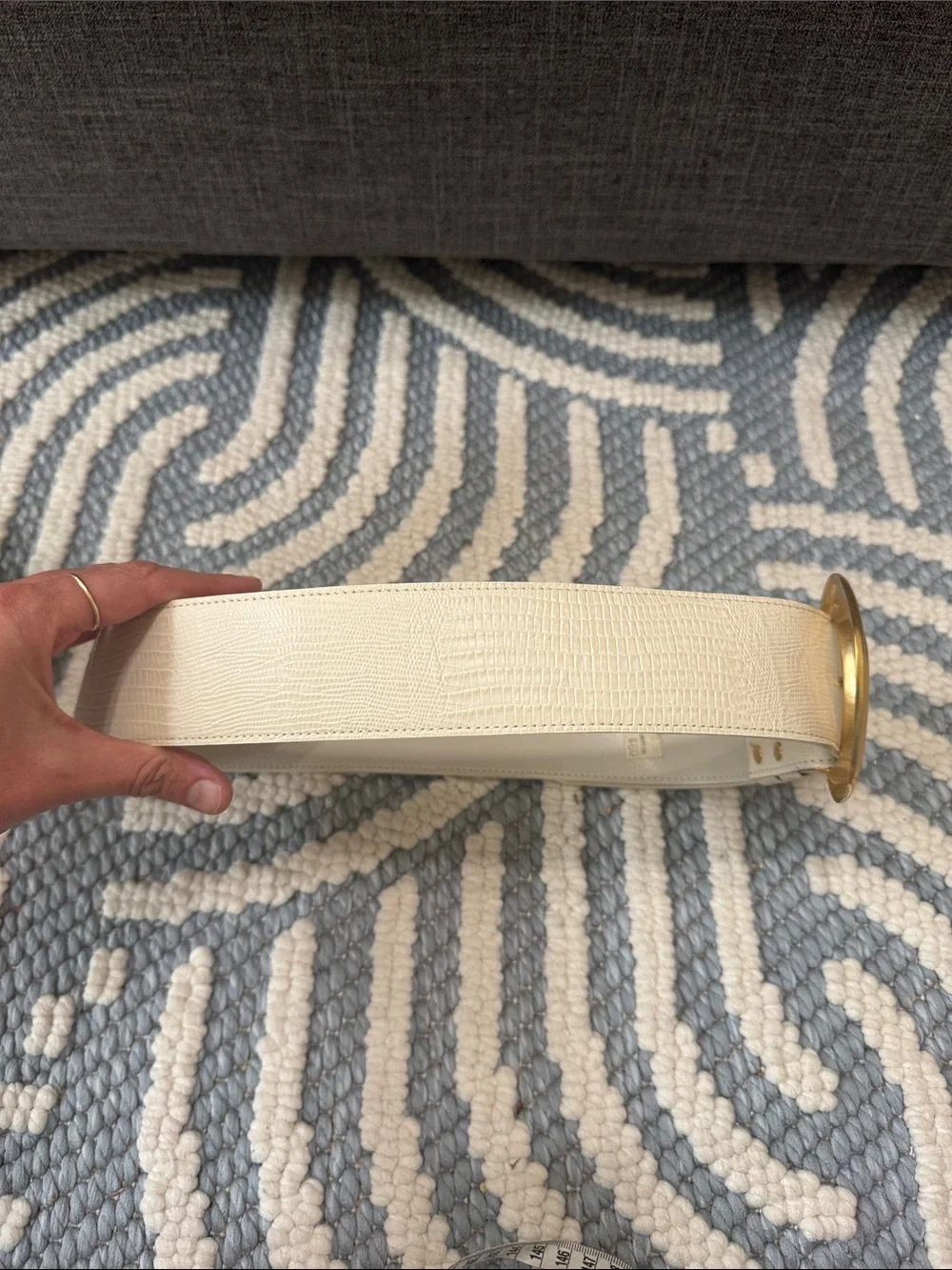 Vintage 80s 90s White Genuine Leather Belt Gold Statement Buckle Made in USA